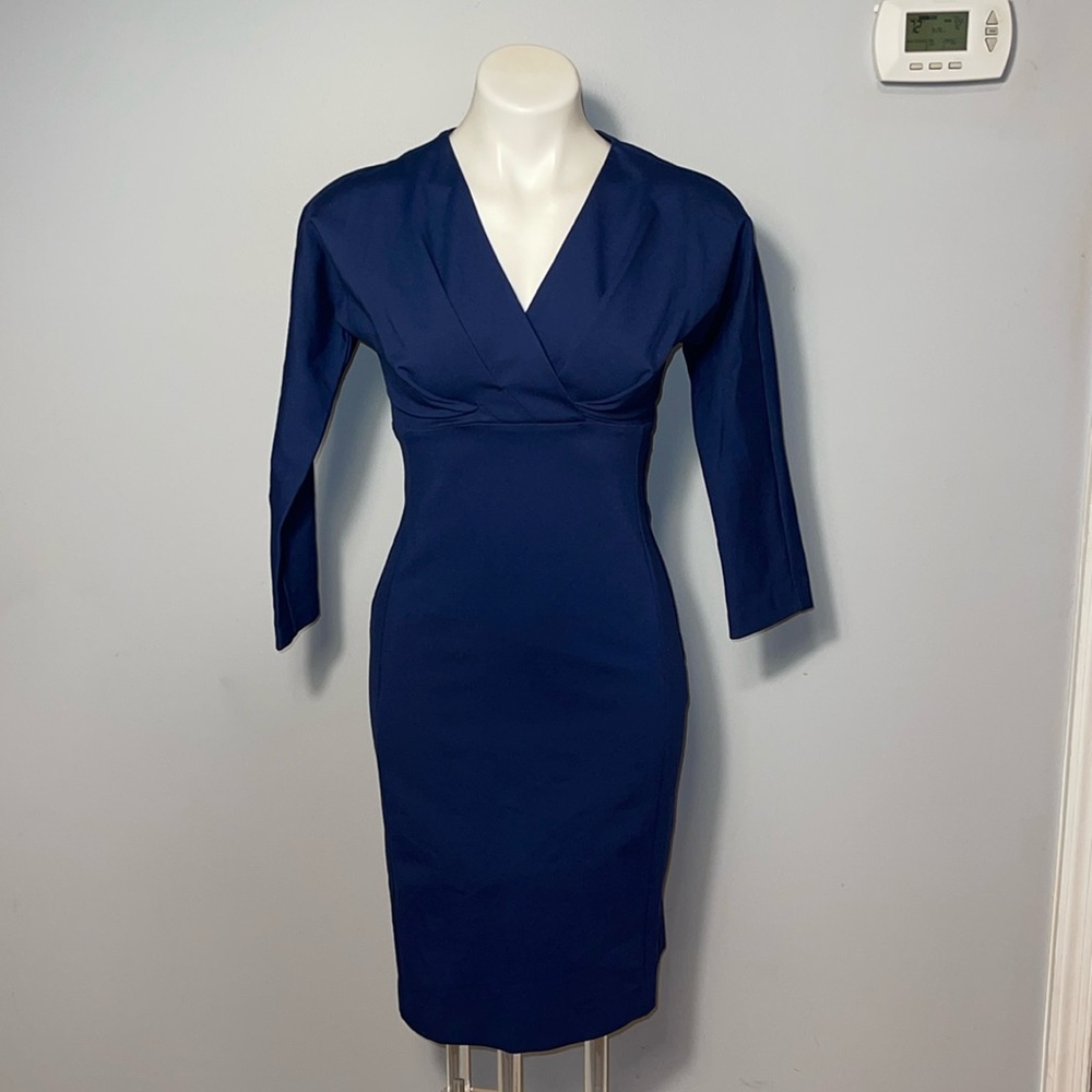 Piazza Sempione made in Italy Navy blue Bodycon V-neck midi dress. IT 40 US 4